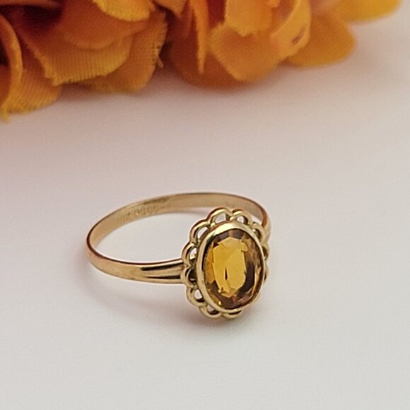 Vtg. PSCO 10K Solid Yellow Gold Orange Citrine Ring Size 5.5 Heirloom Floral - Picture 1 of 7